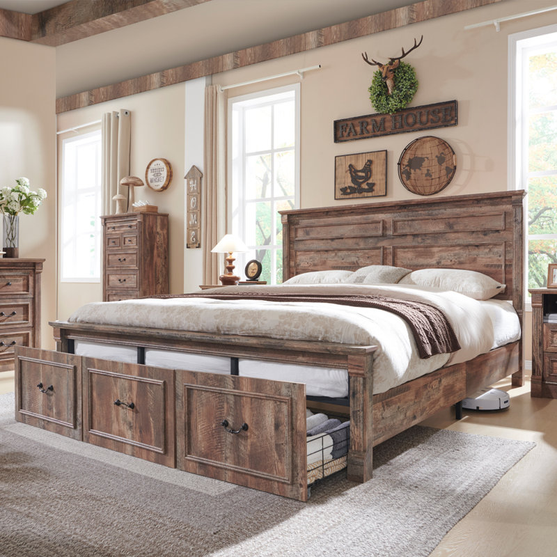 Cadre de lit très grand Burlington Farmhouse avec tête de lit 51 po, cadre de lit plateforme en bois, Très grand lit, Brun