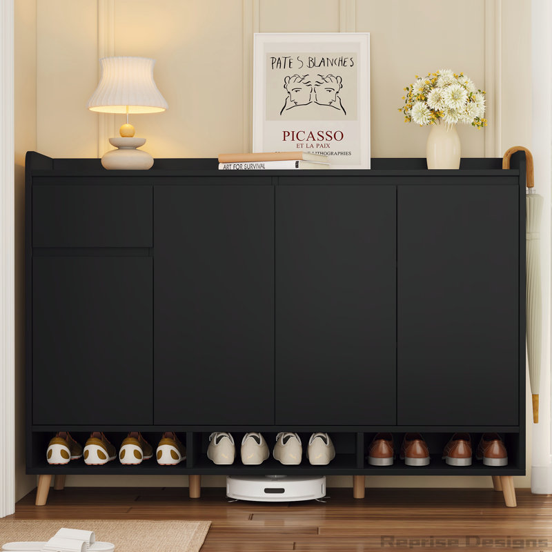 ON-TREND Sleek and Contemporary Shoe Cabinet with Adjustable Shelves, Minimalist Home Organizer with Solid Wood Legs, Storage Sideboard for Entryway, Living Room, Black (OLD SKU: WF321211AAB)