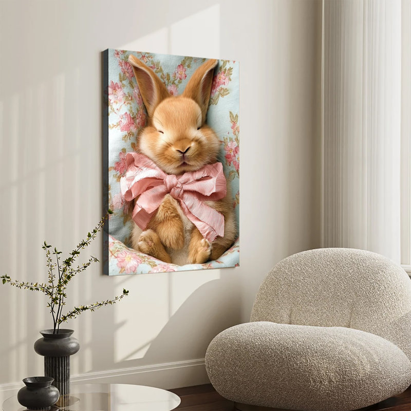 Lapin roux endormi avec nœud en soie rose sur tissu fleuri - Grande toile tendue sur châssis pour salon ou chambre