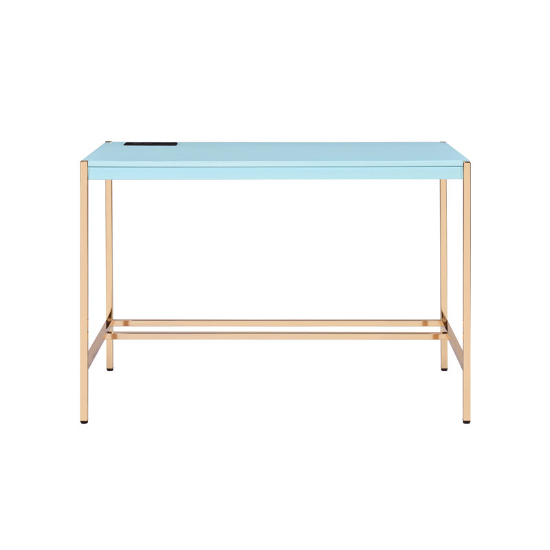 Bureau d'écriture rectangulaire bleu et doré avec ports, prises contemporaines spacieuses et à ports intégrés, bureau