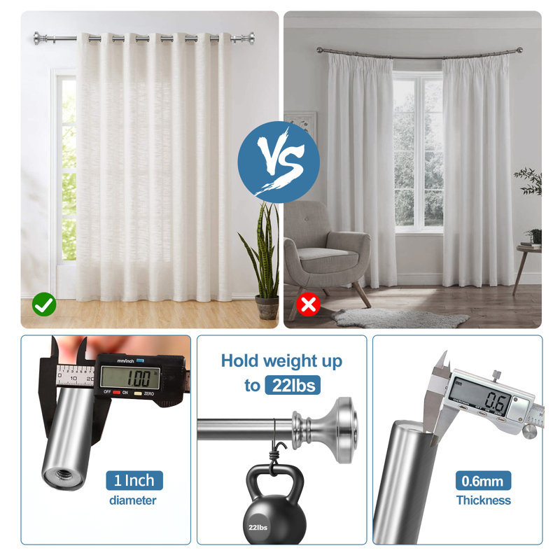 Brushed Steel Adjustable Single Curtain Rod with Decorative Finials