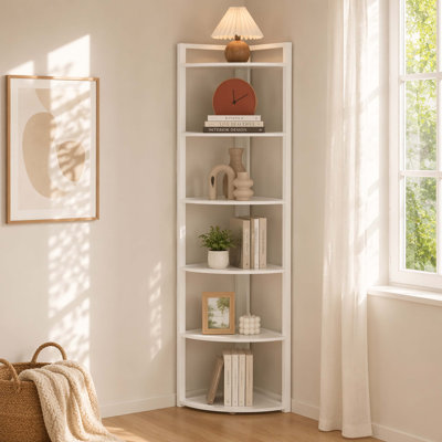 Étagère de rangement verticale autoportante à 6 niveaux avec cadre en métal blanc pour le salon, la chambre, la salle de bain et le balcon