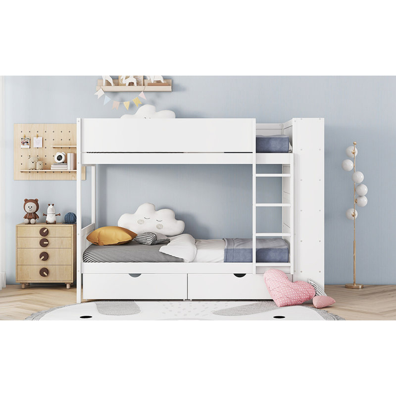 Lit simple superposé au-dessus, blanc avec 2 tiroirs et armoire - Améliore la chambre à coucher, offre un espace de rangement supplémentaire