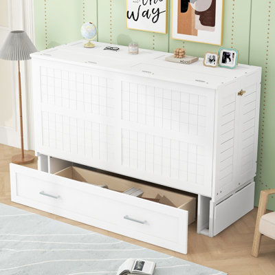 Grand lit escamotable mobile blanc avec tiroir de rangement et tablettes latérales doubles, lit mural pliable pour chambre d'amis ou bureau