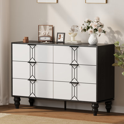 Commode 6 tiroirs, commode moderne en bois avec tiroirs profonds pour chambre à coucher, salon et vestibule, noir et blanc