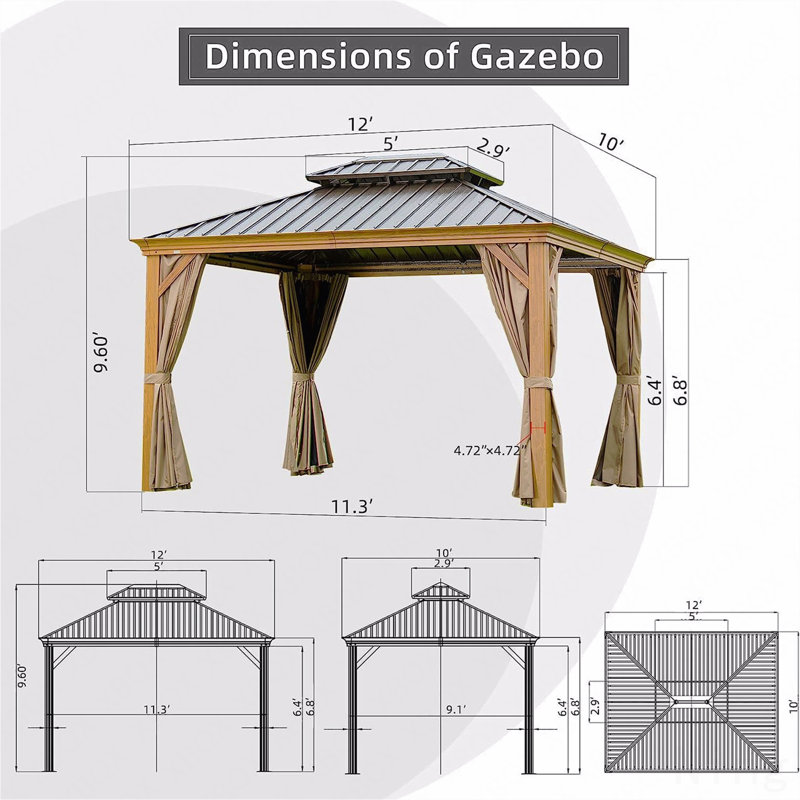 10X12FT Gazebo Aluminum, Mosquito Net For Outdoor Use With Galvanized Steel Double Roof (Wood-Looking), Gray