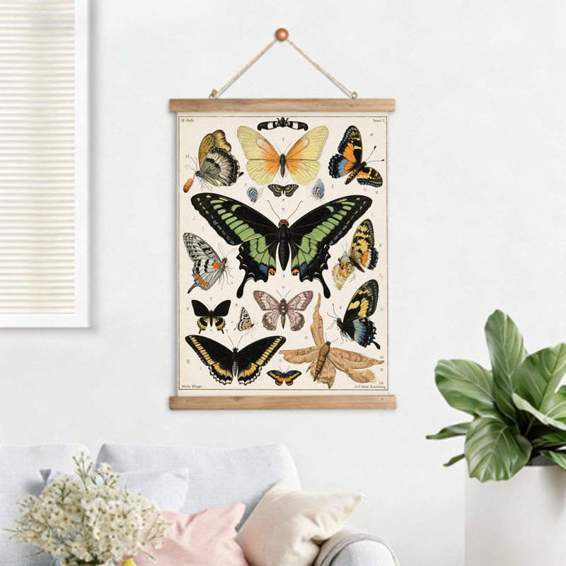Collection de papillons rétro, art mural à volutes suspendues, cintre en bois intégré, 16 x 24