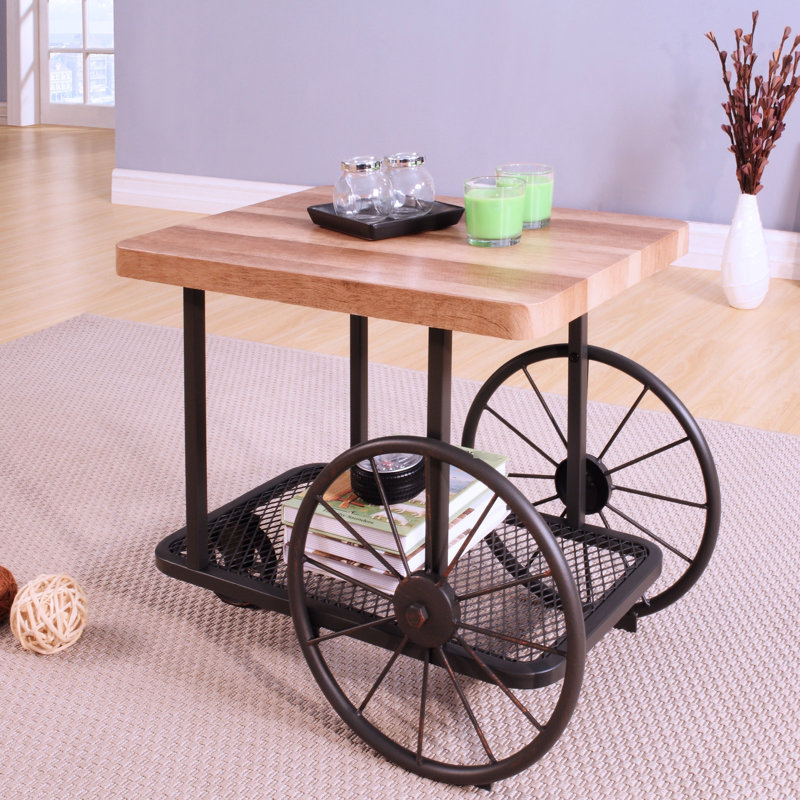 Table de bout rectangulaire industrielle avec plateau en chêne et gris antique, roulettes pour les activités artisanales