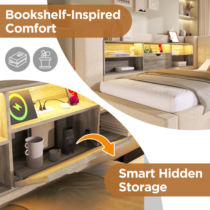 Linen Upholstered Daybed 3FT Single Sofa Bed with Hydraulic Storage, USB &Type-C Charging Station, Beige