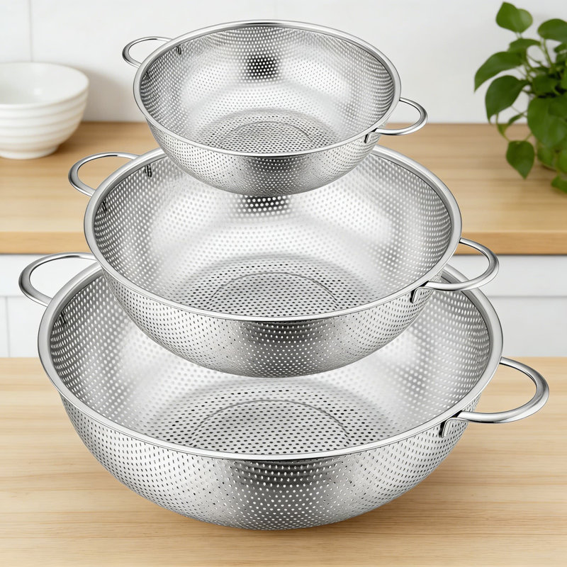 Ensemble de passoires professionnel en acier inoxydable avec micro-perforations à drain rapide, 3 nichoirs à passoire pour pâtes, légumes, fruits et baies