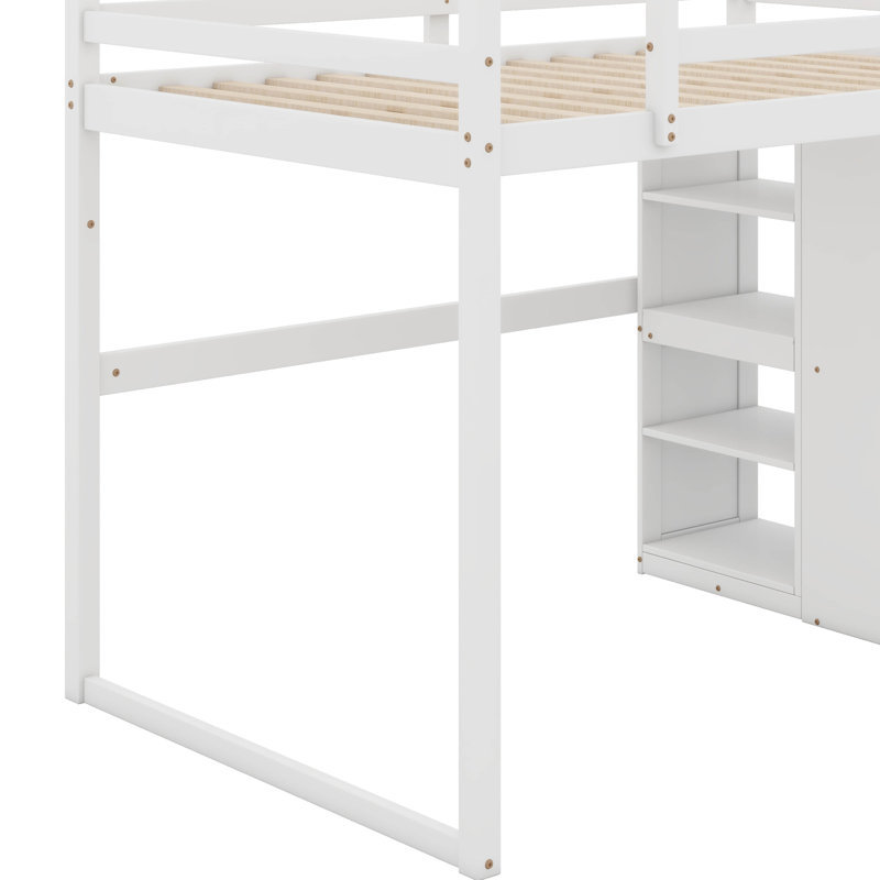 Lit mezzanine double avec garde-robe intégrée et tablettes de rangement, cadre de lit mezzanine en bois massif avec lumière DEL