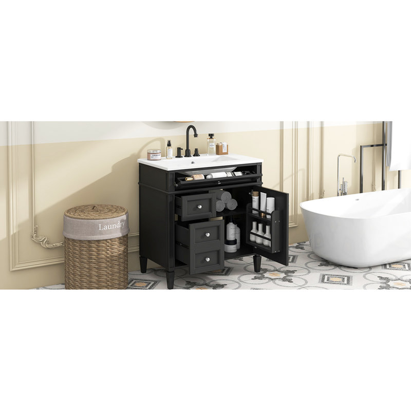 Meuble-lavabo moderne 30 po, lavabo avec 2 tiroirs et tiroir coulissant, meuble-lavabo avec rangement pratique, Noir