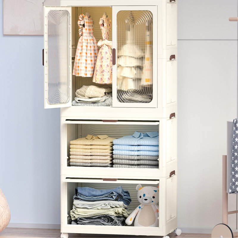 Armoire portative à 4 tiroirs, blanche, pour ranger les livres avec portes magnétiques et crème