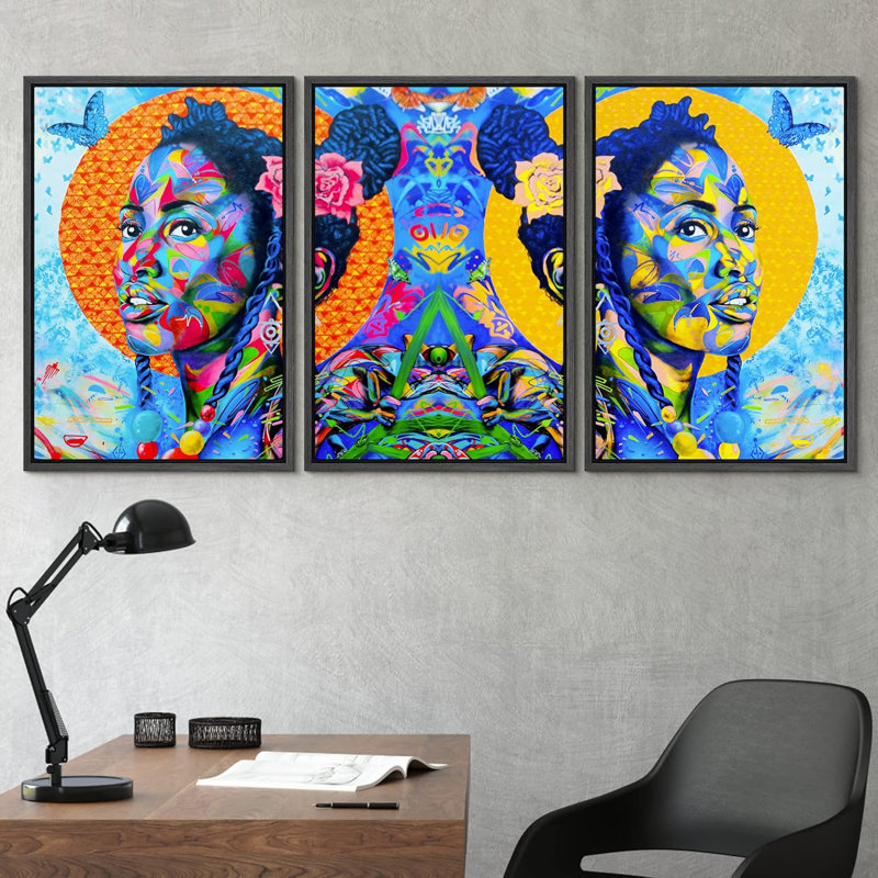 Aérosol peinture vibrante femme graffiti et art urbain, art moderne coloré, portrait urbain, 3 pièces, Cadre flottant noir