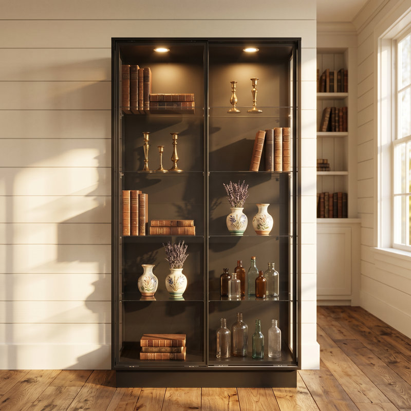 Vitrine lumineuse en verre avec portes coulissantes et tablettes intérieures en verre pour le salon ou le bureau, noir