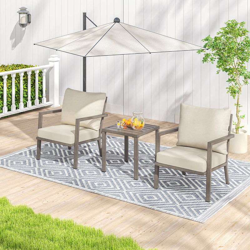 Mornlift 3-Piece Aluminum Outdoor Patio Conversation Set With Beige Cushions And Side Table, Beige, Gray