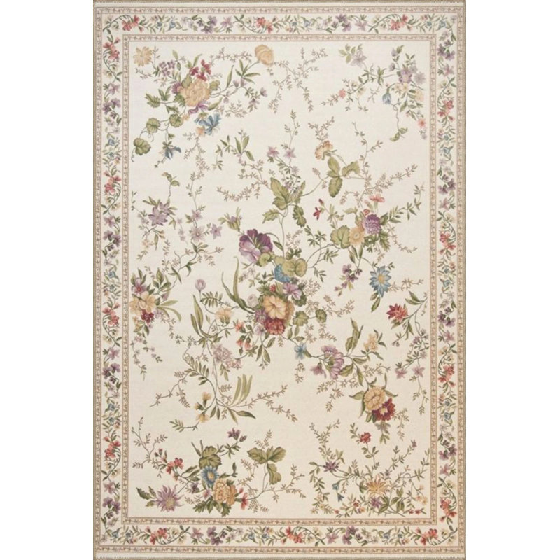 Cream Bordered Floral Themed Patterned Woven Base Carpet And Washable Carpet, Rectangle 2'4" x 4'