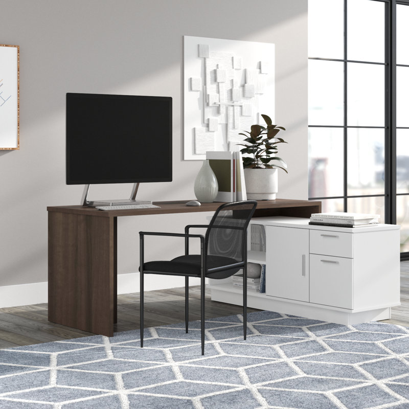 L-Shaped Executive Desk with Power Outlet, Antique/White