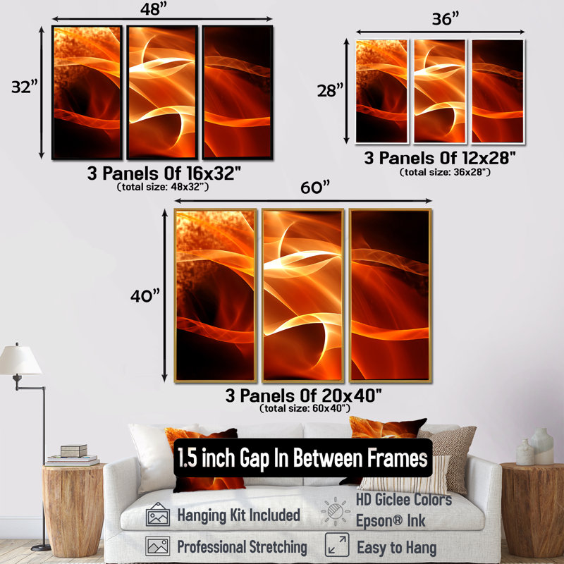 Orange abstrait vagues fractales abstraites - ensemble d'art mural encadré abstrait de 3, H 28 po x l 36 po, Argent