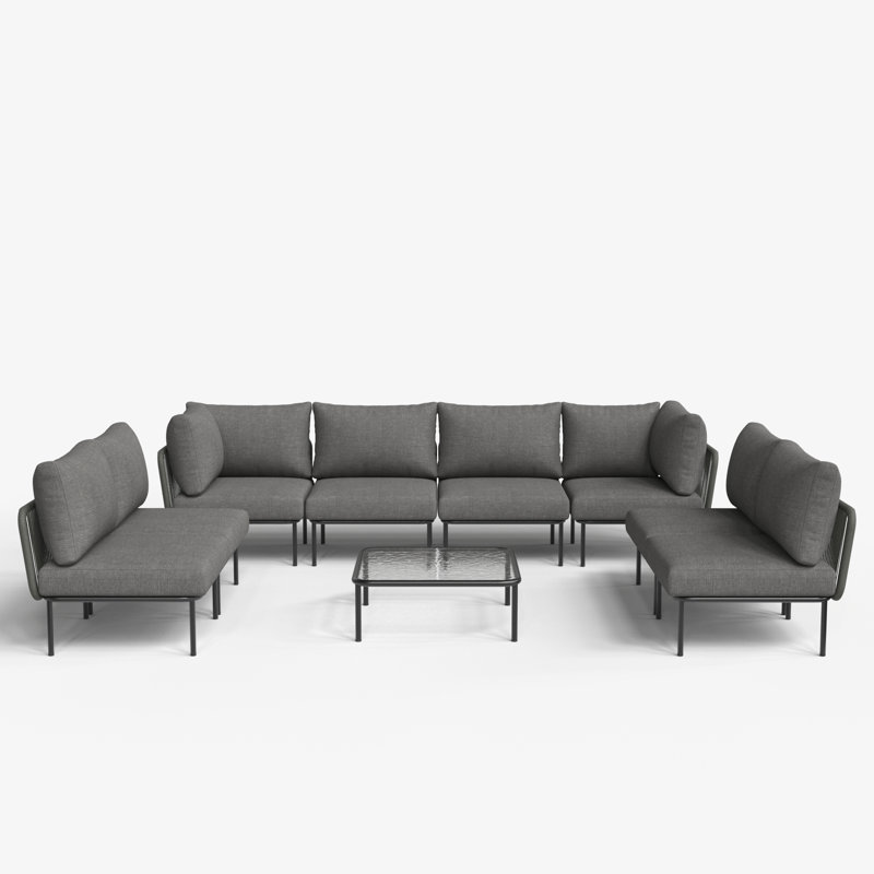 Ebern Designs 9 Pieces Aluminum Patio Furniture Set, Modern Modular Sectional Sofa with Coffee Table and Upgrade Thickness Cushion
