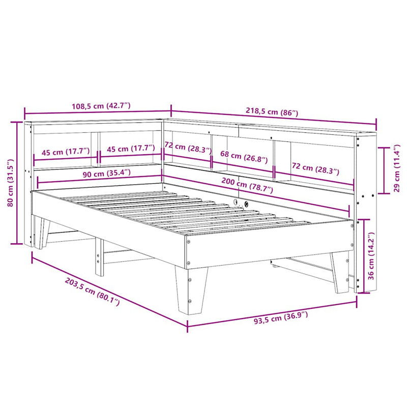 Bookcase Bed Without Mattress Solid Wood Pine, Natural, European Single (90 x 200 cm)