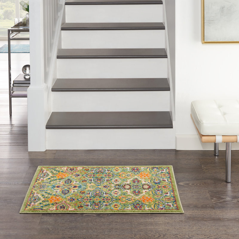Tapis vert / orange / ivoire tissé à la machine Weylyn, Rectangle 2 pi x 3 pi