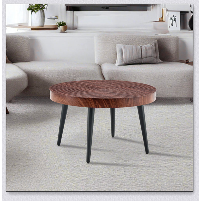 Table basse ronde moderne - texture annulaire, durable et robuste avec un diamètre de 23,6 pouces, procédé de moulage par aspiration exquis, motif de couleur noyer, pieds en métal noir pulvérisé