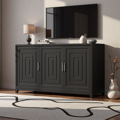 Meuble télé pour téléviseur de 65 po ou moins, meuble multimédia avec 2 espaces de rangement spacieux et pieds en bois massif pour le salon