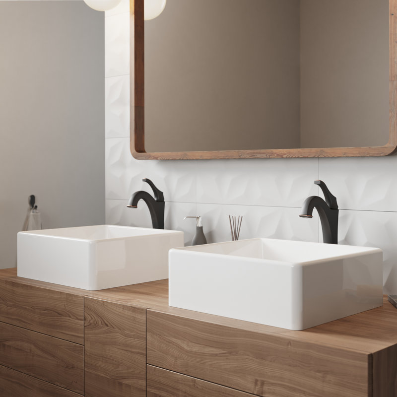 KRAUS Elavo Square White Porcelain Ceramic Bathroom Vessel Sink and Faucet Combo with Pop-Up Drain, Oil Rubbed Bronze