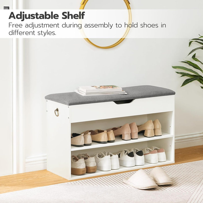 Shoe Storage Bench With Cushion, Entryway Bench With Lift Top Storage Box, 2-Tier Shoe Rack Bench, Adjustable Shelf, For Hallway, Bedroom, Cloakroom, White And Grey