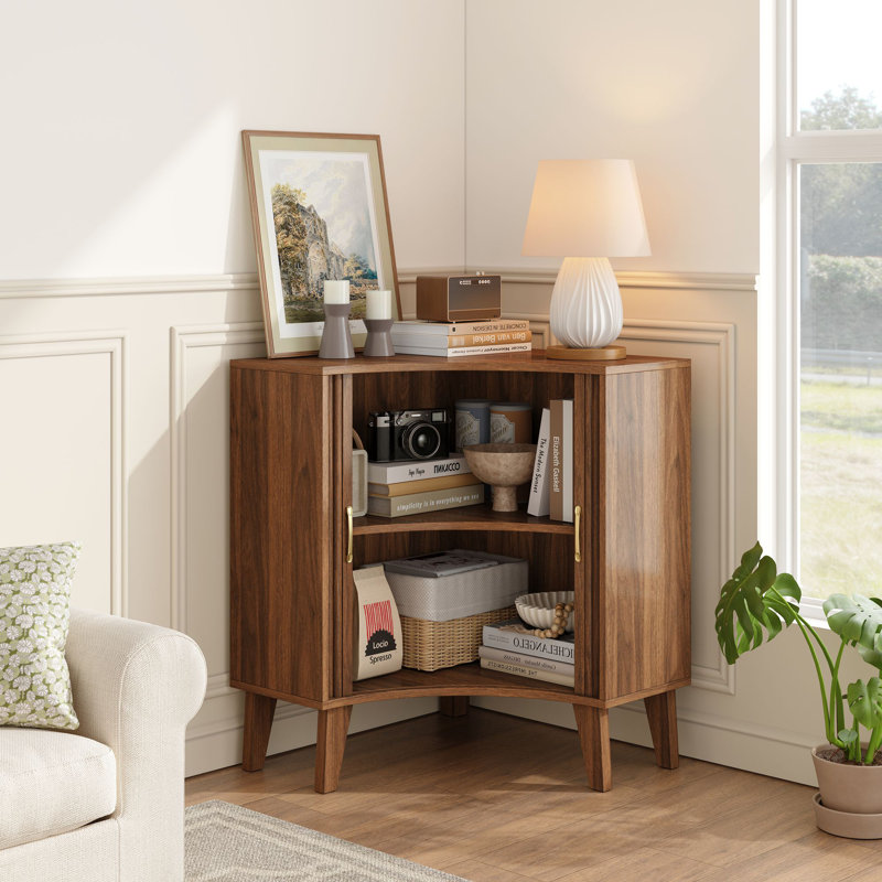 Sliding 2 - Door Corner Accent Cabinet, Walnut