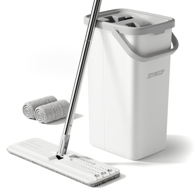 JOYMOOP Flat Squeeze Mop and Bucket Set, with 50" Mop Handle and 2 Grey Microfiber Pads