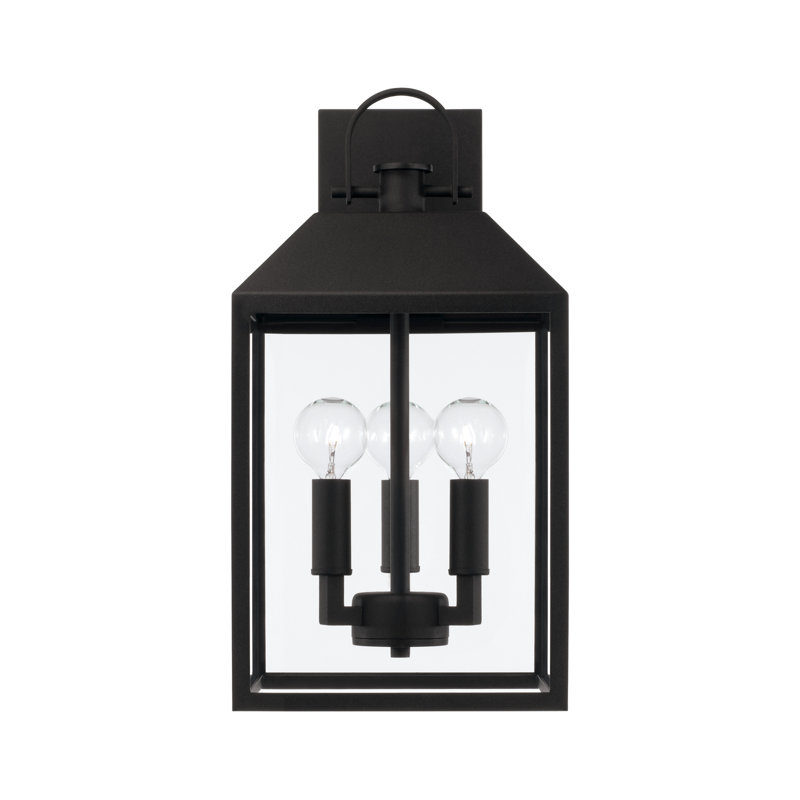 3-Light Outdoor Square Rectangle Wall Lantern in Black with Clear Glass, 16.5" H x 8.5" W x 10" D