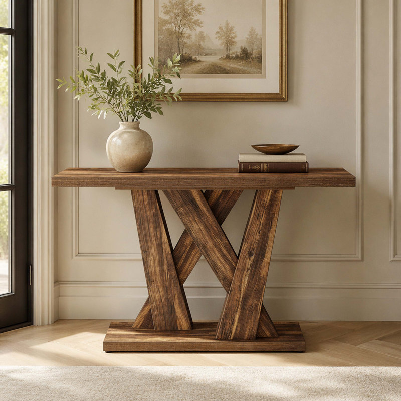 Console 55,25 pouces en forme de X à base de grain de bois géométrique, table basse étroite avec canapé d'entrée pour la décoration de hall et de salon