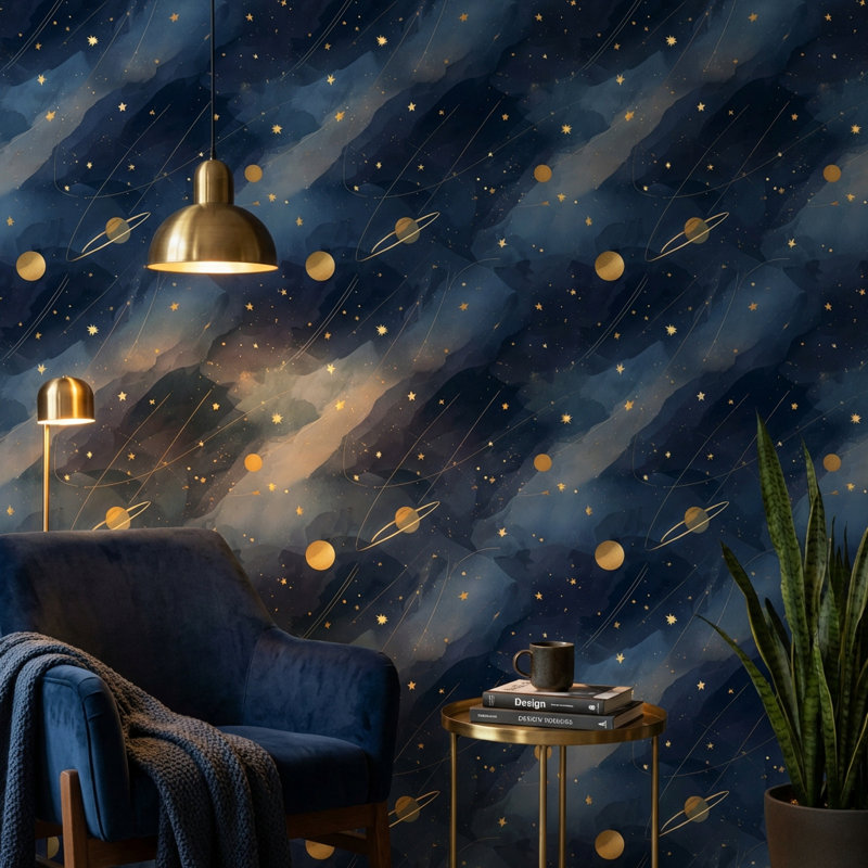 Papier peint cosmique avec étoiles et planètes, Non tissé, non collé
