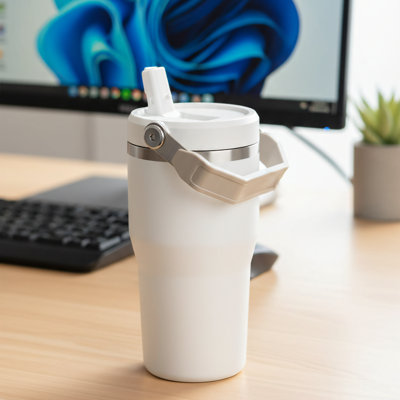 20Oz, Frosted, Flip-Top Straw Insulated Mug With Handle And Screw Cap, Double Lid, Stainless Steel, Leak-Proof, BPA-Free.