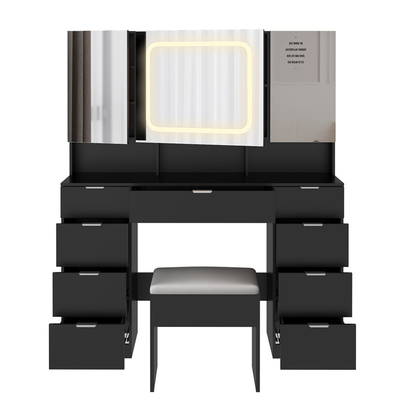 Ensemble de coiffeuse avec 3 miroirs et lumières DEL, Noir, noir, noir, noir, Argent argent