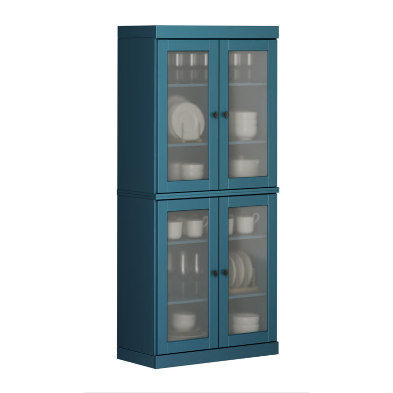 Garde-manger 100% bois massif 32 po avec portes en verre givré et tablettes réglables, Bleu sarcelle