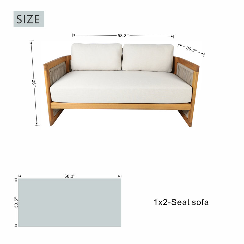 Guzal Acacia Wood Rope Weaving Patio Outdoor Loveseat Sofa With Cream Cushions