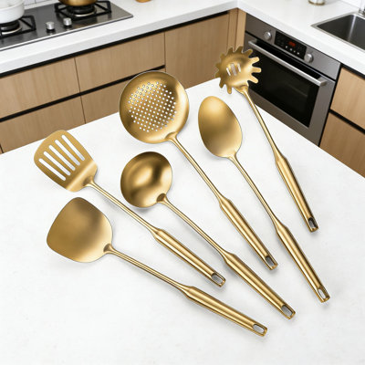 Professional 6-Piece Stainless Steel Kitchen Utensil Set With Spatula, Ladle, Skimmer, Spaghetti Spoon, And Serving Spoon, Dishwasher Safe
