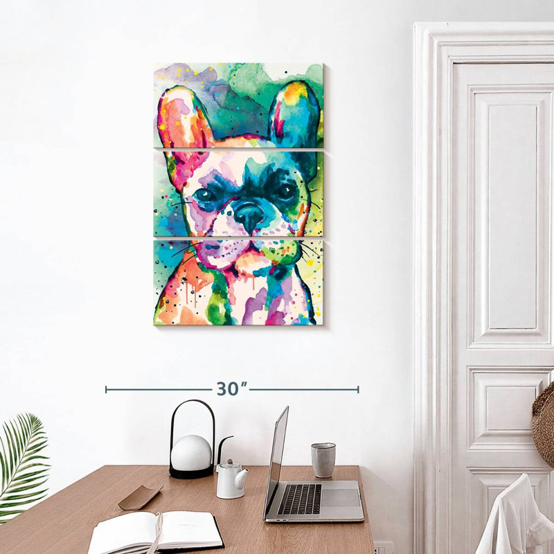 Bouledogue français, peinture, éclaboussures, 3 pièces, H 32 po x l 20 po x P 1,25 po