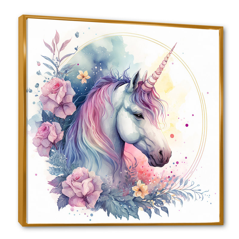Adorable licorne pastel entourée de fleurs III - cheval, art mural, H 36 po x l 36 po x P 1,5 po