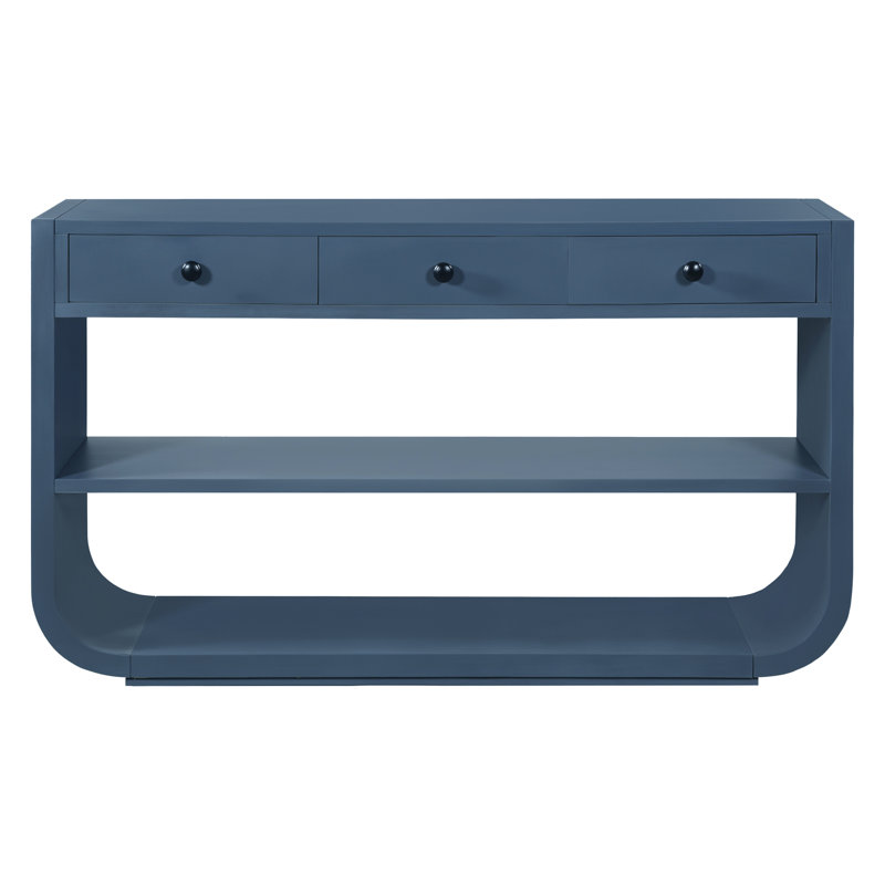 [Vidéo] Console moderne incurvée avec 3 tiroirs à fermeture en douceur et 2 tablettes ouvertes, base en bois massif, table de vestibule pour vestibule, bleu