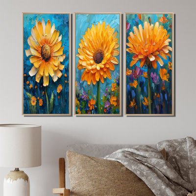 Fleur de pissenlit jaune et bleu en fleurs - Collection d'art mural traditionnel