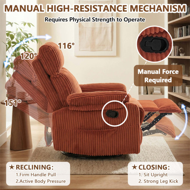 Fauteuil inclinable à bascule pivotant à 360 degrés pour adultes, conception compacte pour petits espaces, revêtu de velours côtelé pour un confort ultime