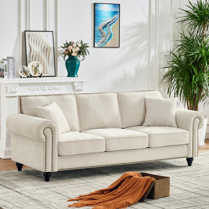 Gillianne 85.62" Chenille Rolled Arm Chesterfield Sofa With Nailhead, Beige