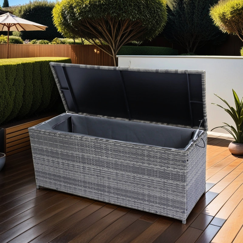 Large Capacity Patio Storage Chest. 113 Gallon. Grey . Lightweight , Removable Liner. Rust Frame. Water Oversize Outdoor Cushion Box. Gallon Capacity, . For Patio, Porch, Garden. ,