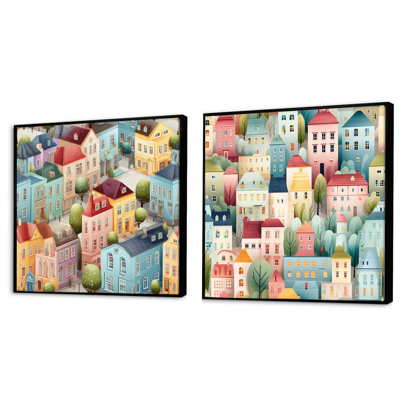 Soft Pastel Color Nordic Building Collage - Abstract Square Collage Set Of 2, 16" H x 33" W, Black Floater Framed