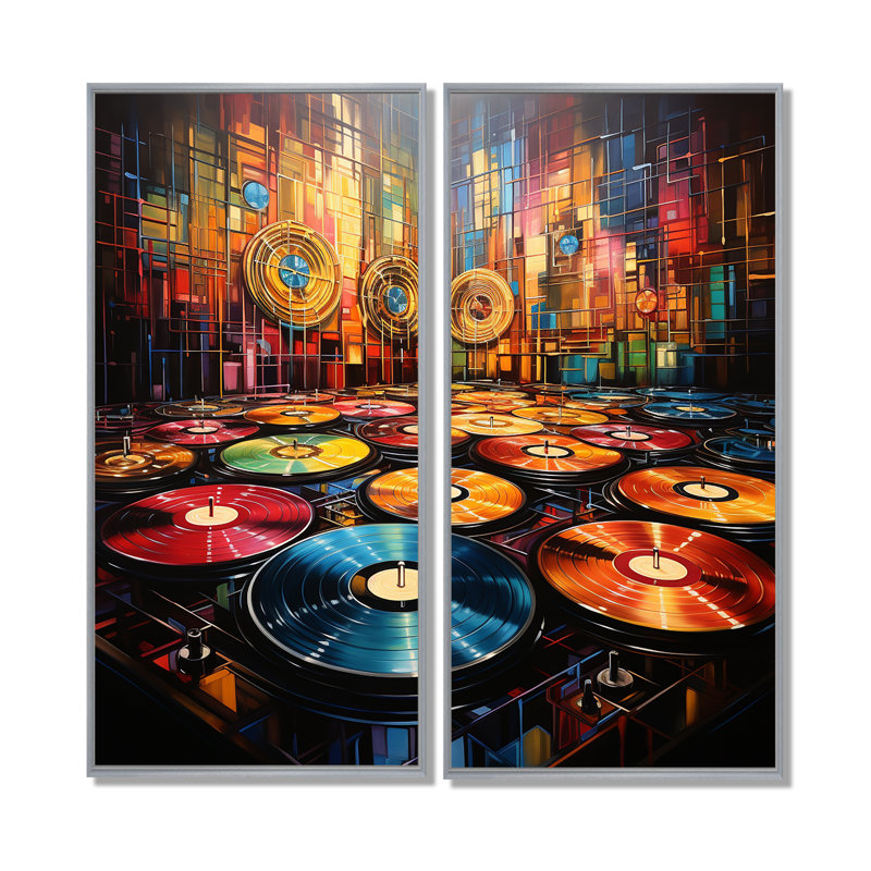 Vinyle Disque Rythme Résonance II - Décoration murale moderne 2 panneaux, 32" H x 32" W, Impression encadrée flottante