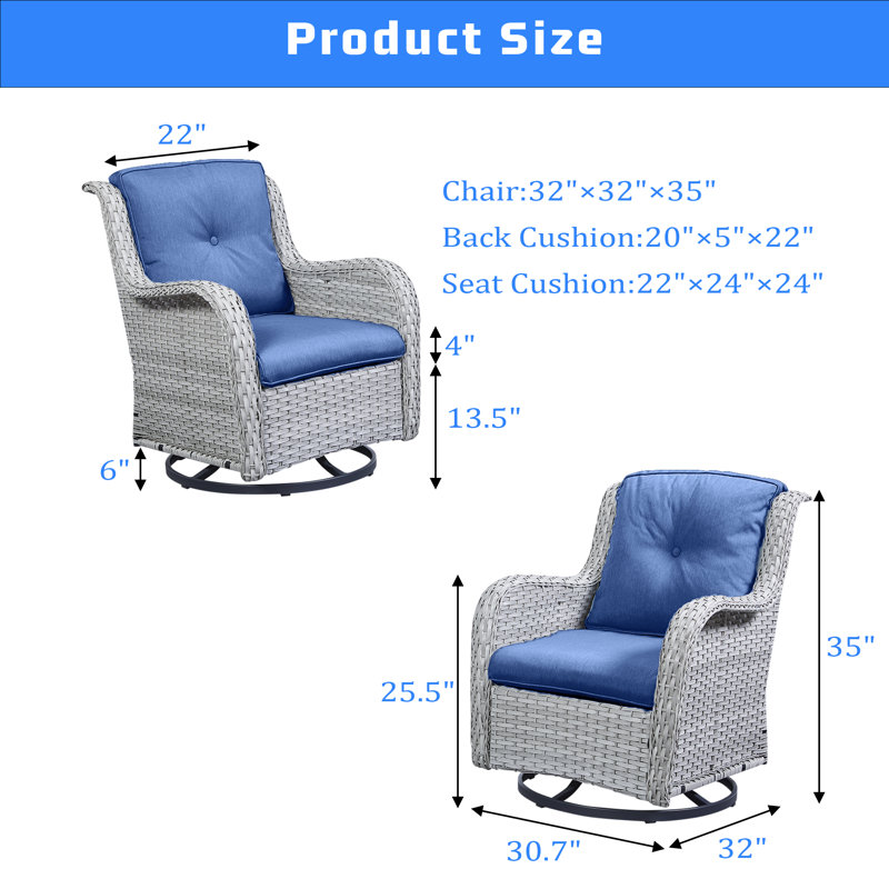 Chaise d'extérieur en osier / rotin avec coussins Lucama, Bleu, Grey